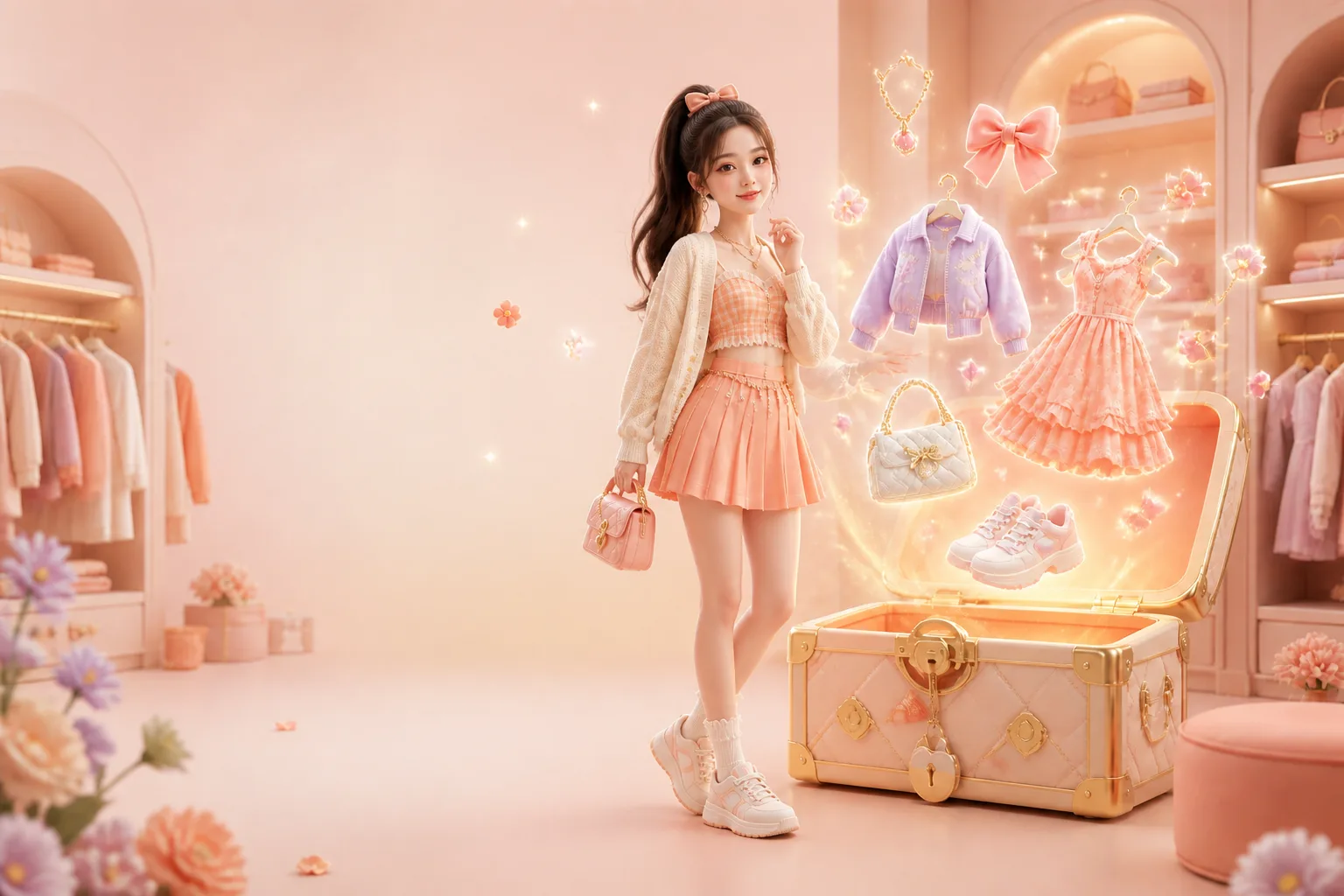 真人感3D虚拟角色站在梦幻衣橱与宝箱旁